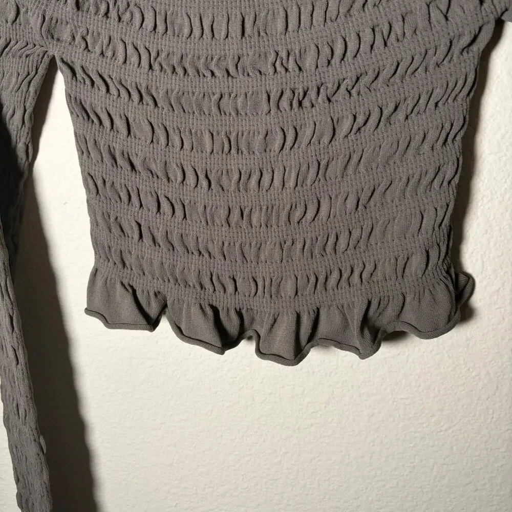 Zara Blouse Women's Small Olive Smocked Cropped Long Sleeve Ruffle Top